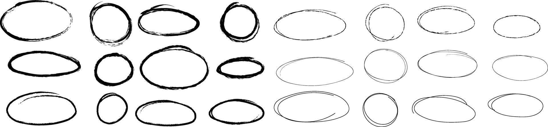 hand dragen texturerad markera cirklar och ovaler, isolerat ramar uppsättning vektor