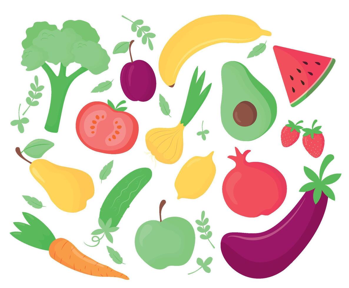 Sammlung von frisch Früchte und Gemüse. Illustration von frisch Essen, Design Elemente isoliert auf Weiß Hintergrund. Illustration Satz. vektor