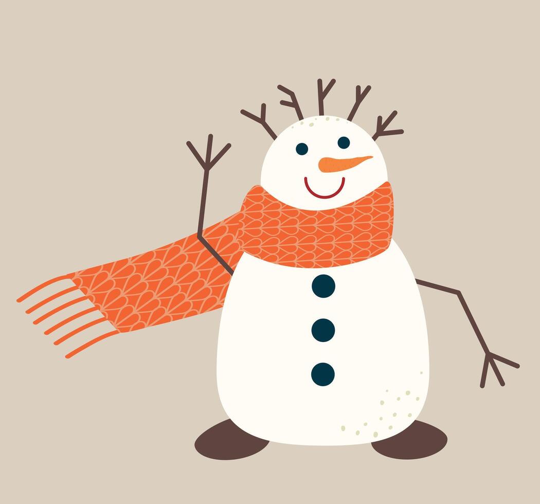 snögubbe med scarf isolerat på beige bakgrund. söt trendig enkel tecken av vinter- tid Bra för kort, affisch, webb baner och logotyp. illustration i platt stil. vektor