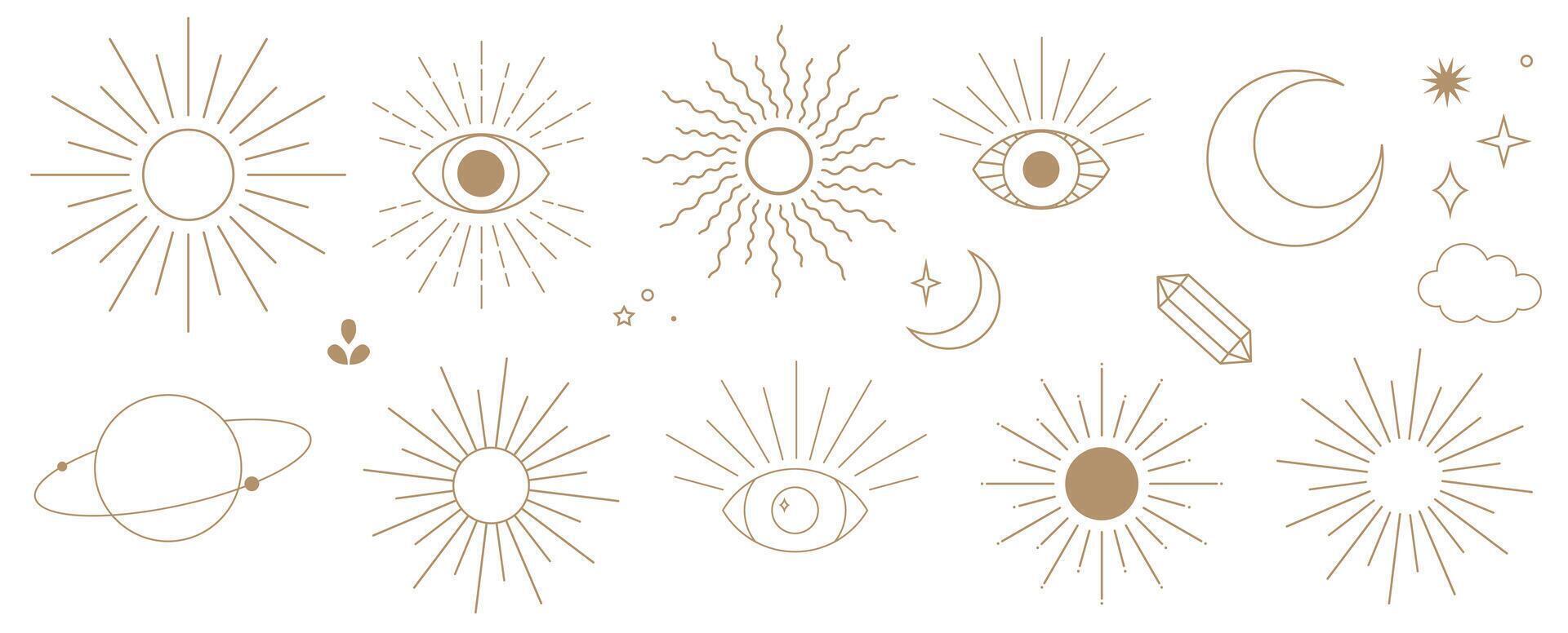 elegant himmelsk element, linje konst illustration uppsättning sunburst och tredje öga dekorativ klämma konst uppsättning i guld vektor
