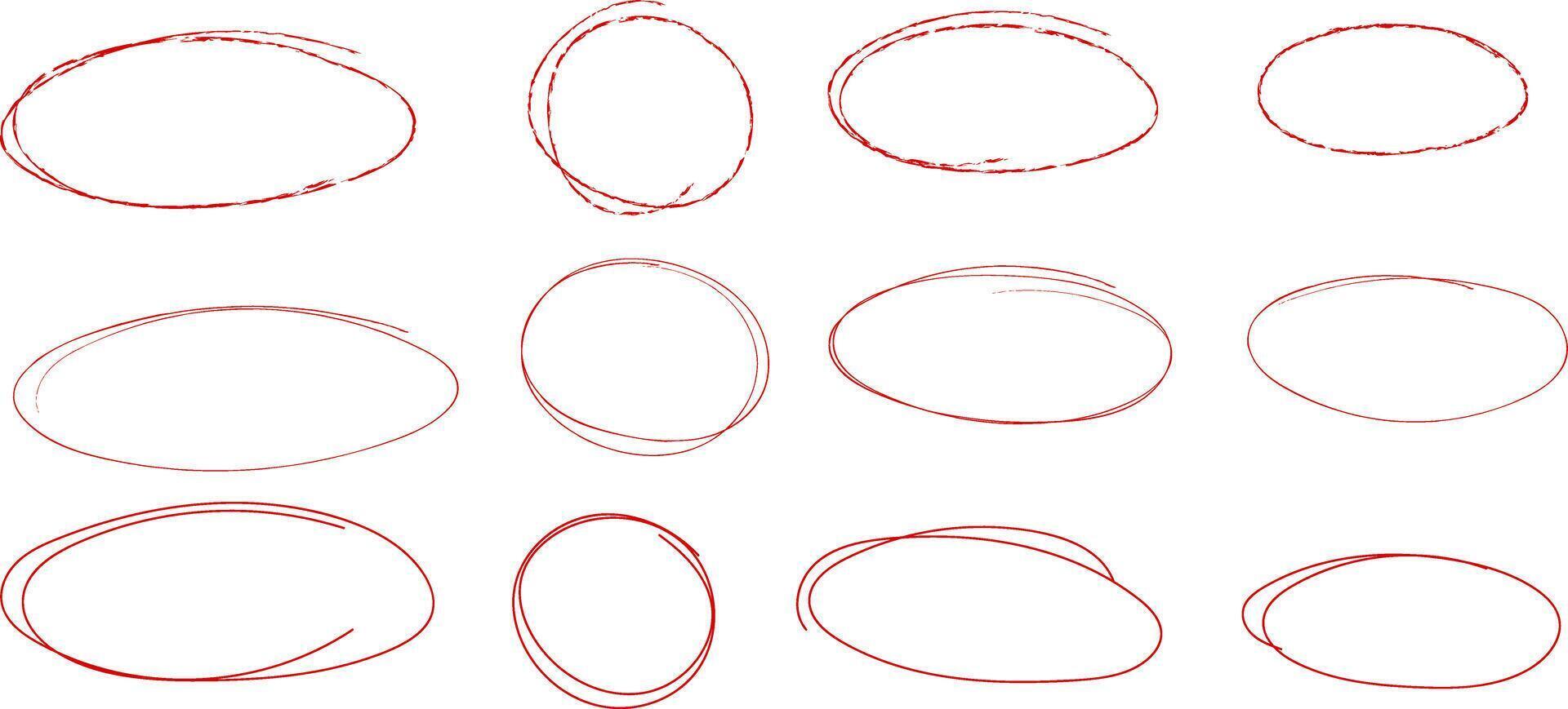 röd markera cirklar, klotter uppsättning, isolerat hand dragen ovaler vektor