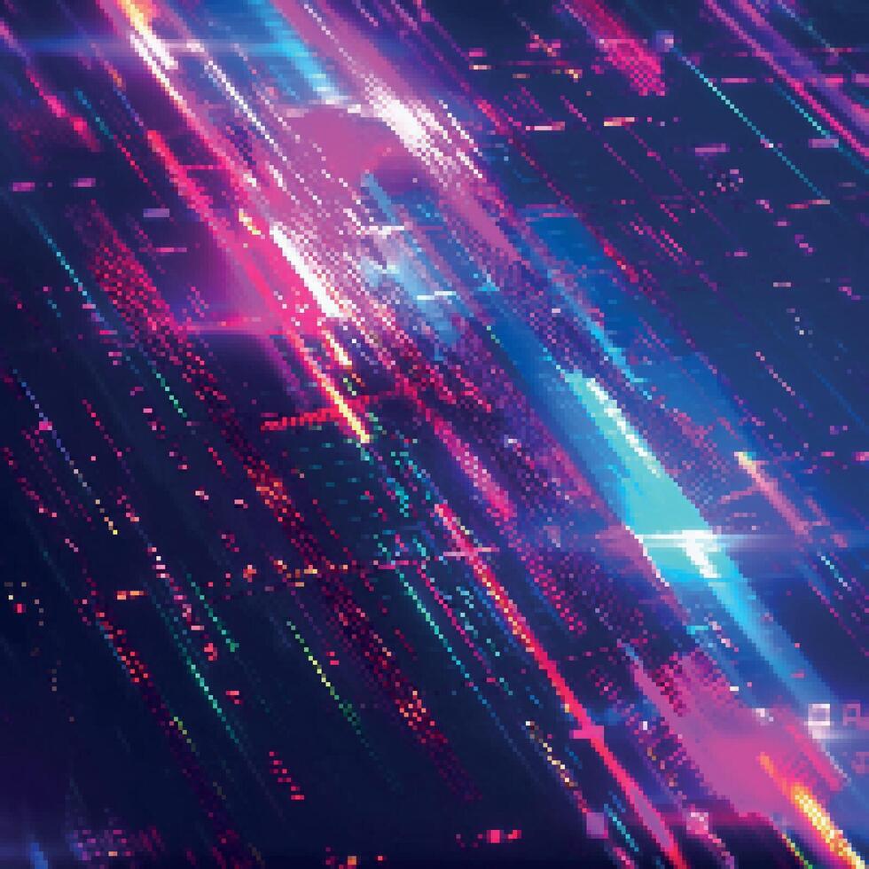 Neon- Hintergrund mit Pixel Glitches und flackert. futuristisch geometrisch Cyberspace. Hi-Tech Konzept. bunt Pixel bewirken Hintergrund. vektor
