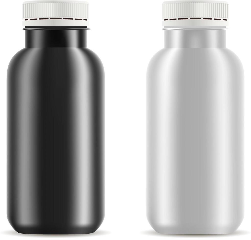 dryck flaskor mockup. realistisk 3d illustration av svart och wwite flaskor med vit plast lock för färsk, juice, te, yoghurt och Övrig flytande Produkter. vektor