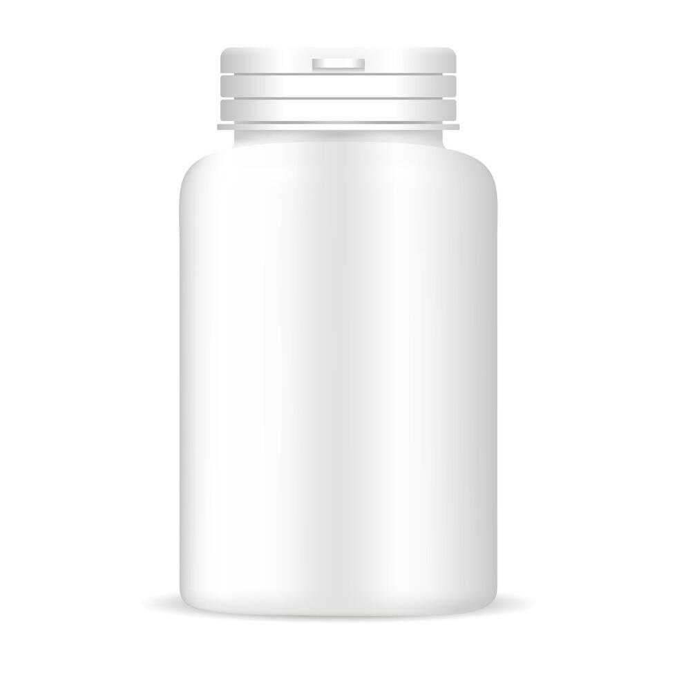 Tabletten Flasche im Weiß Farbe. Attrappe, Lehrmodell, Simulation Vorlage von medizinisch Paket zum Pillen, Kapsel, Drogen. 3d Illustration. Sport und Gesundheit Leben Ergänzungen. vektor