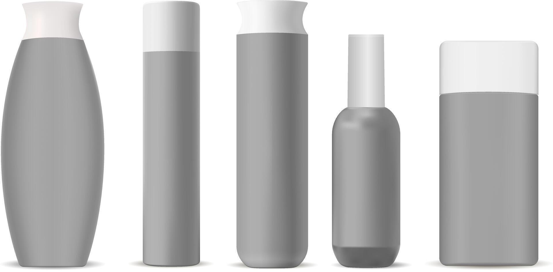 kosmetisk flaskor attrapp packa. uppsättning av modern form kosmetisk Produkter förpackning behållare för annorlunda Produkter. 3d illustration. vektor
