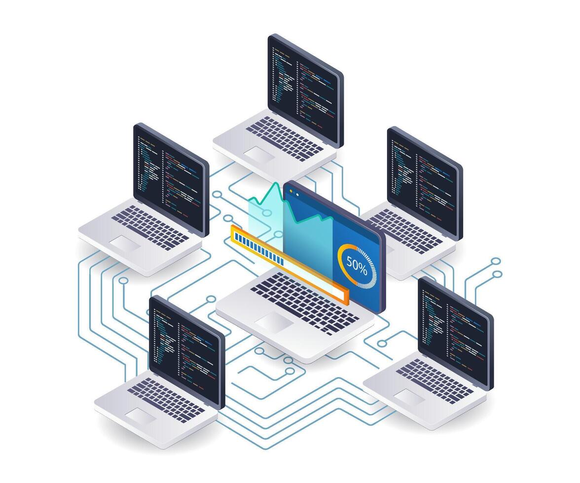 dator nätverk programmerare teknologi analys infographic 3d illustration platt isometrisk vektor