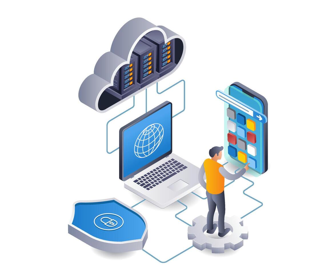 Netz Entwickler Anwendung Computer Smartphone Technologie Infografik 3d Illustration eben isometrisch vektor