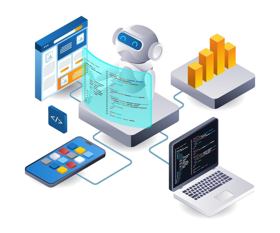 Netz Entwickler Roboter Technologie Anwendung Infografik 3d Illustration eben isometrisch vektor