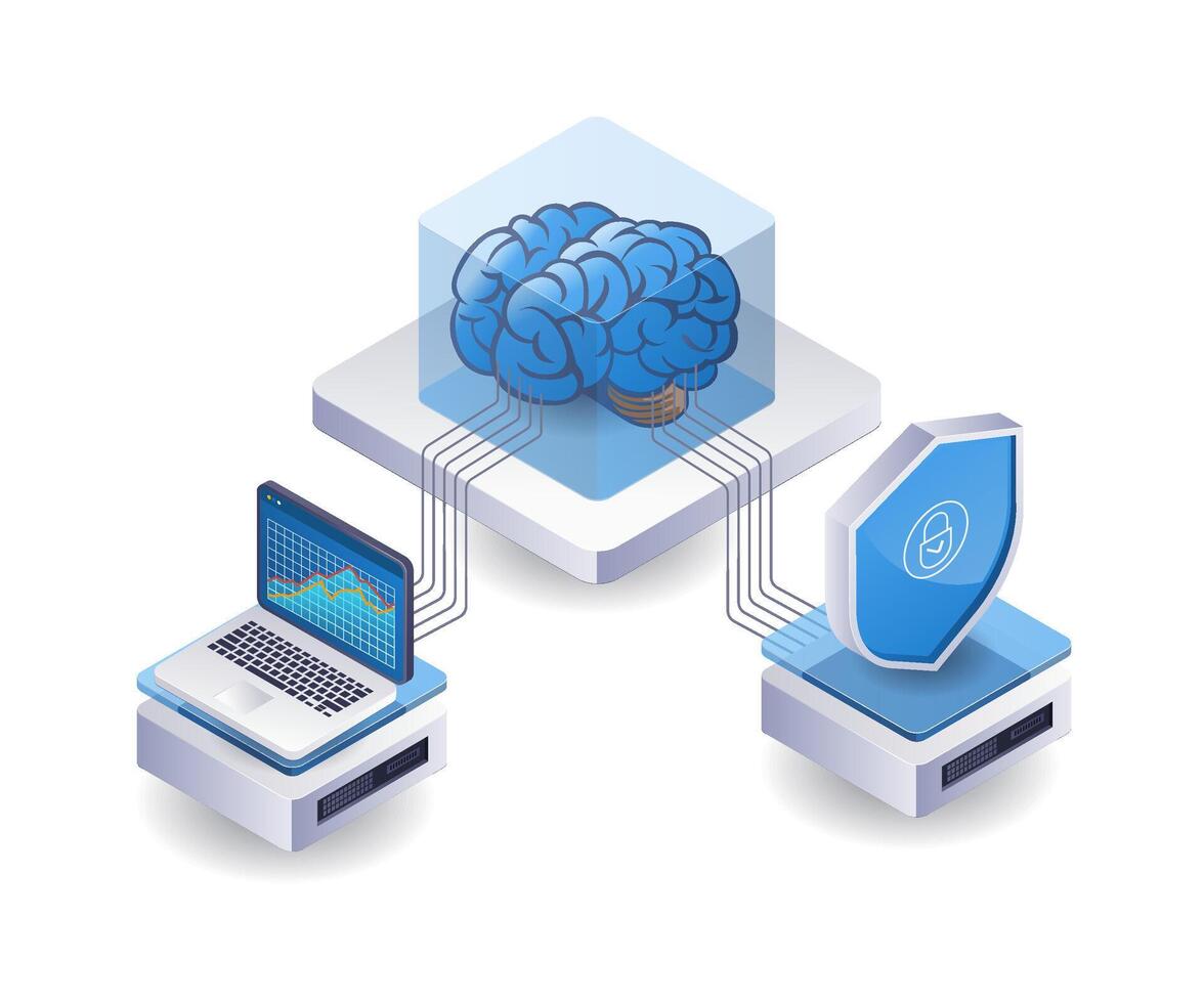 künstlich Intelligenz Sicherheit Analyse Technologie Server isometrisch eben Illustration vektor