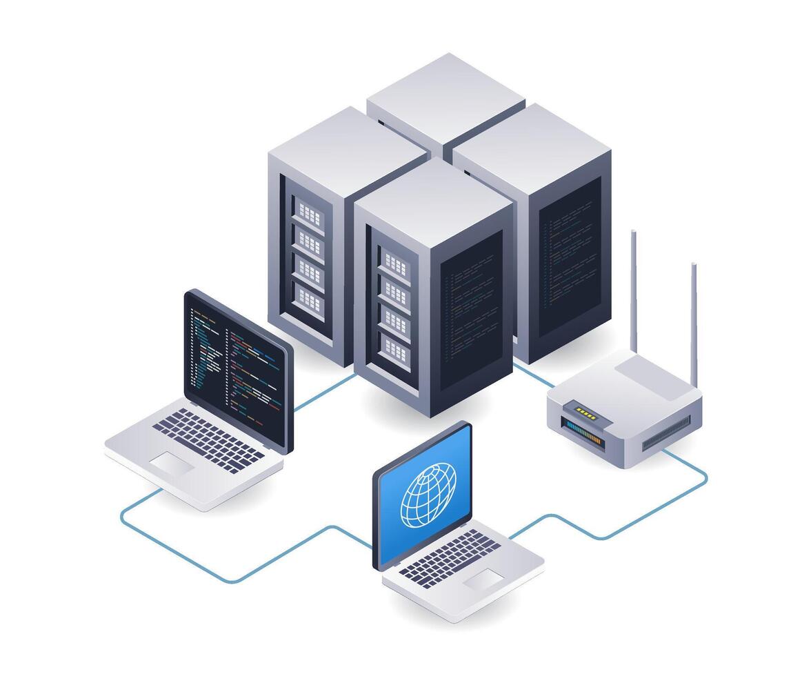 Netzwerk W-lan Internet Server Technologie Analytiker Infografik Illustration 3d eben isometrisch vektor