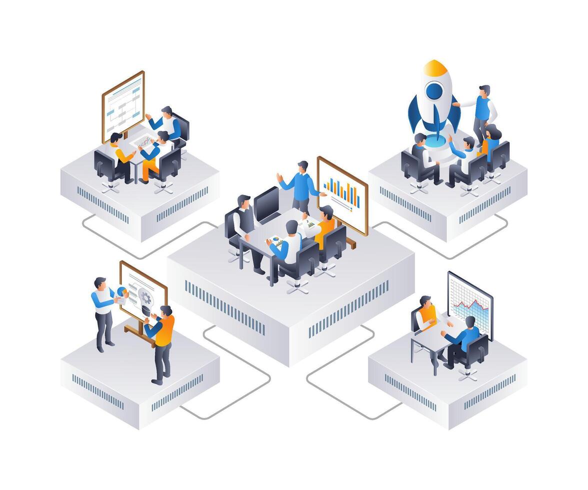 Unternehmen Arbeit Mannschaft schafft Produkt, eben isometrisch 3d Illustration Infografik vektor