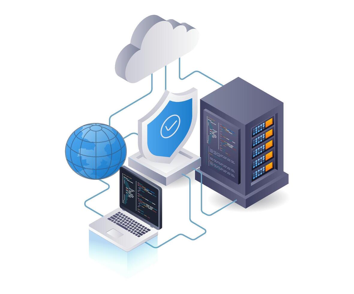 moln server säkerhet analytiker, infographic 3d illustration platt isometrisk vektor