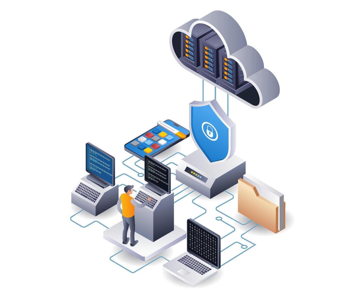 Ansökan utvecklare med säkerhet värd moln server teknologi infographic illustration 3d platt isometrisk vektor