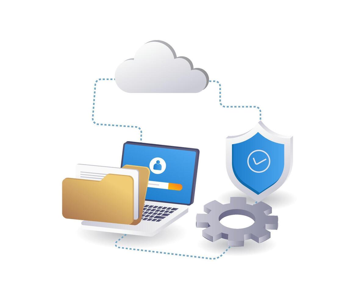teknologi moln server dator data säkerhet, platt isometrisk 3d illustration infographic vektor