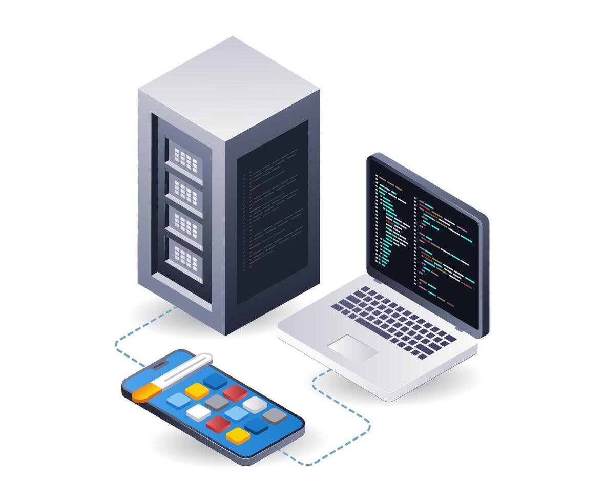 smartphone Ansökan teknologi data server infographic 3d illustration platt isometrisk vektor