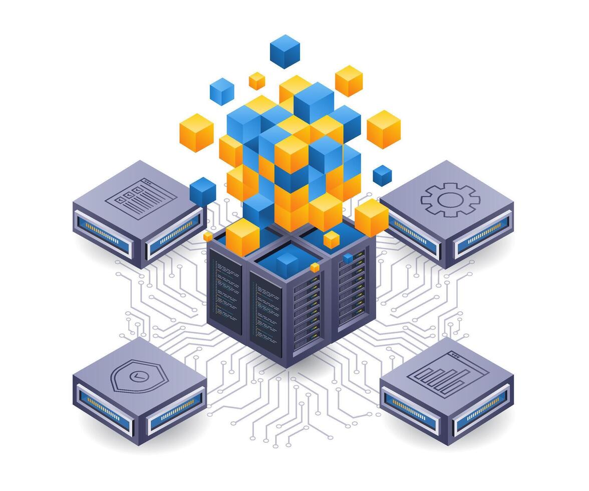 blockchain nätverk server teknologi isometrisk platt illustration vektor
