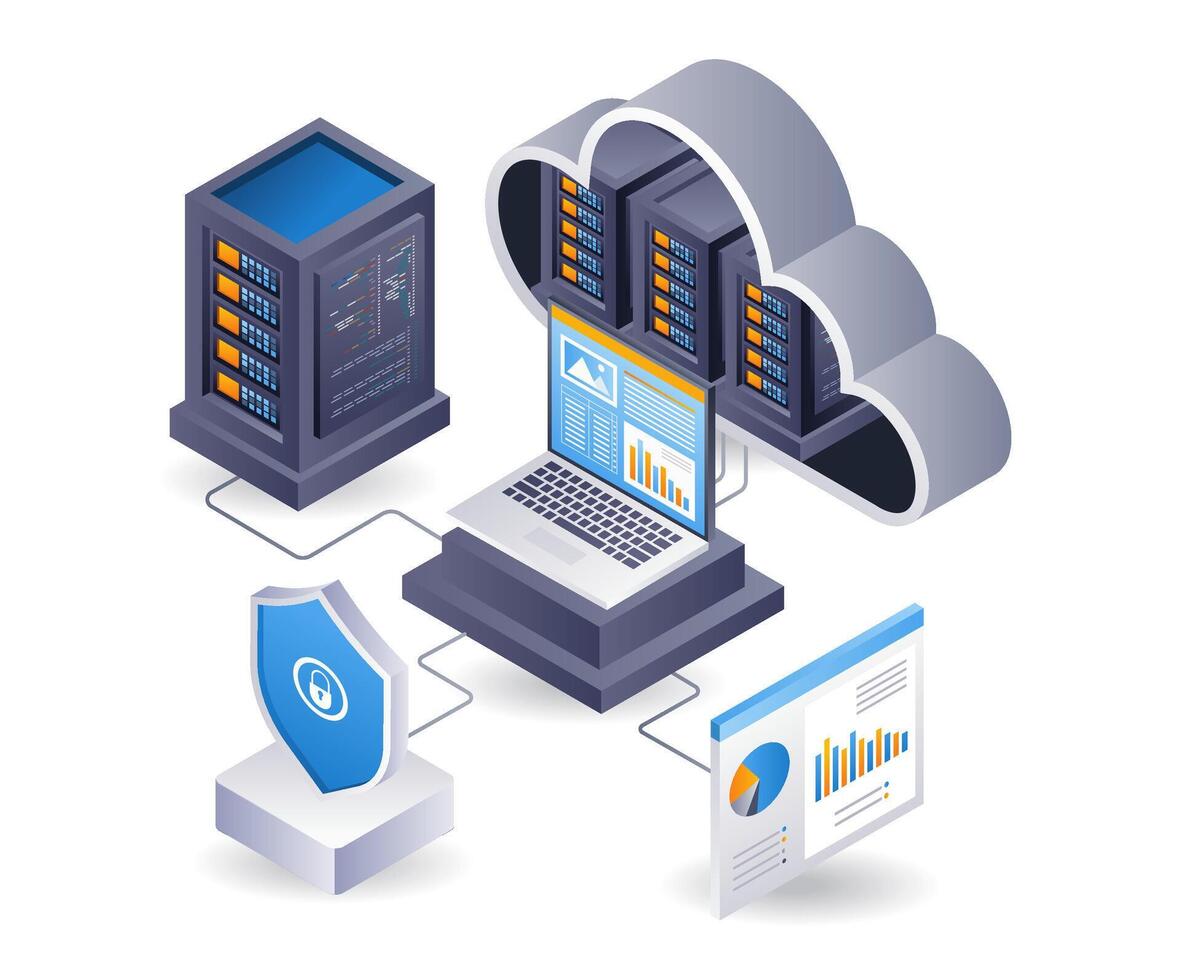 moln server dator data analytiker, infographic 3d platt isometrisk illustration vektor