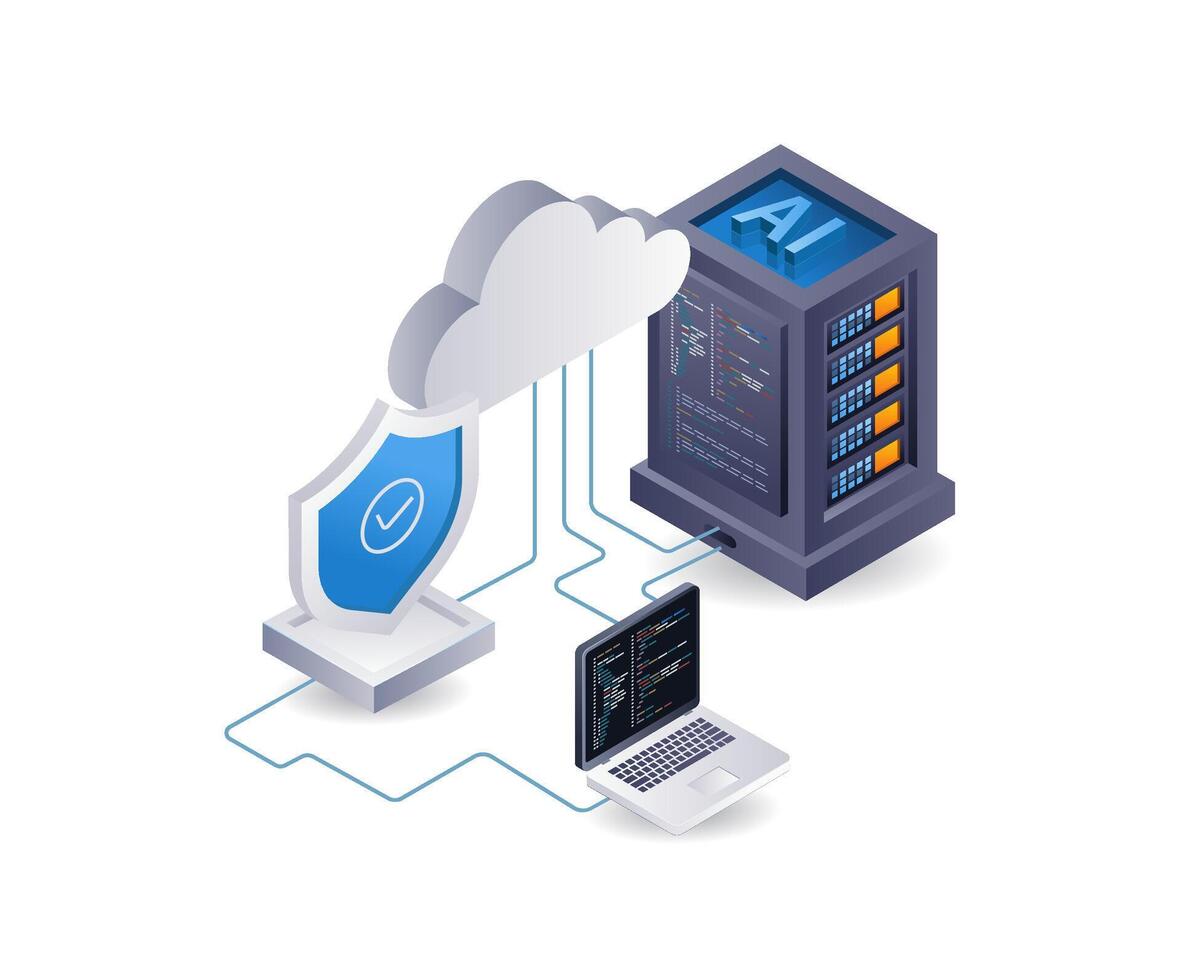 künstlich Intelligenz Server Computer Sicherheit, Infografik 3d Illustration eben isometrisch vektor