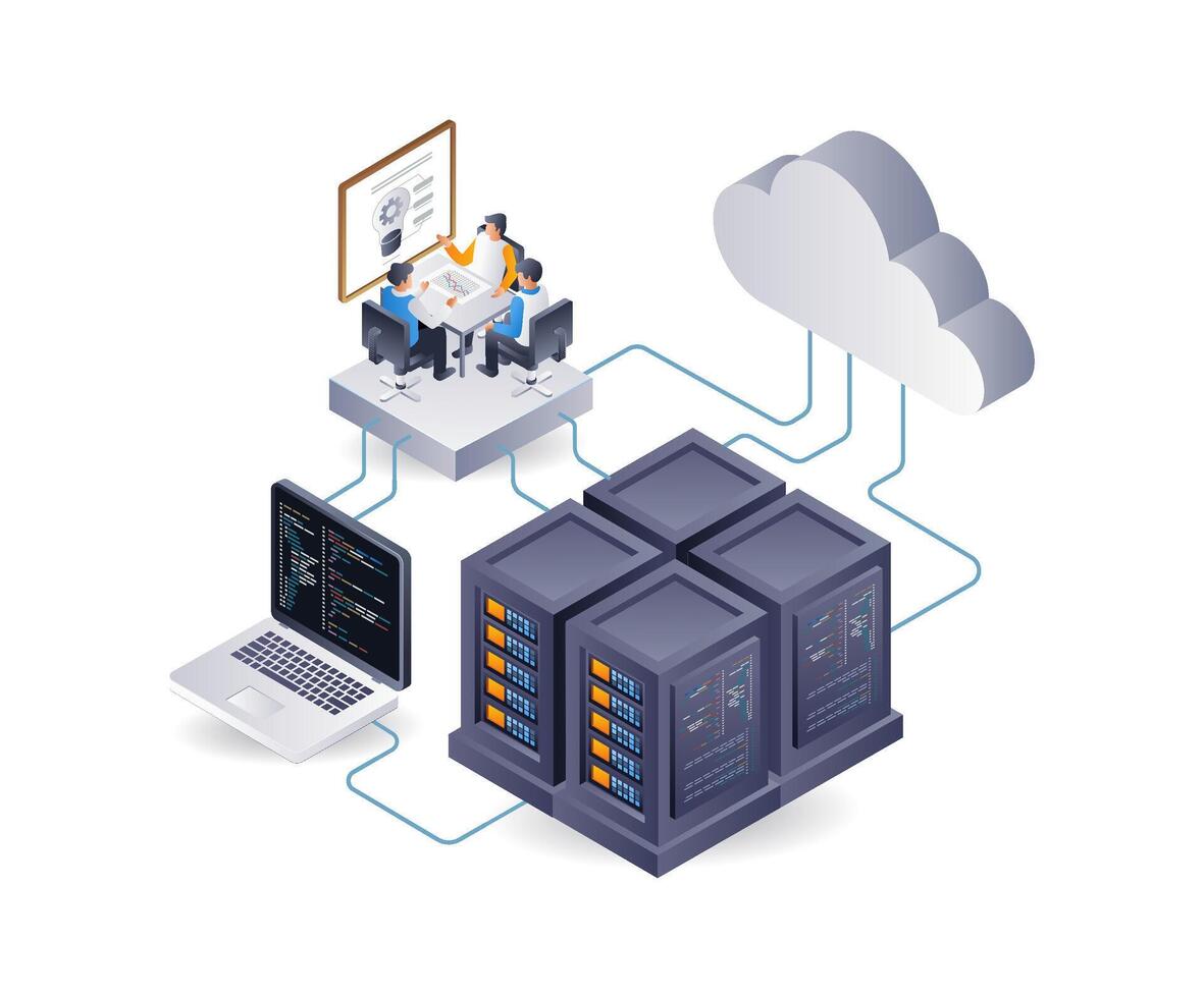 webb server Ansökan systemet utveckling team, platt isometrisk 3d illustration infographic vektor