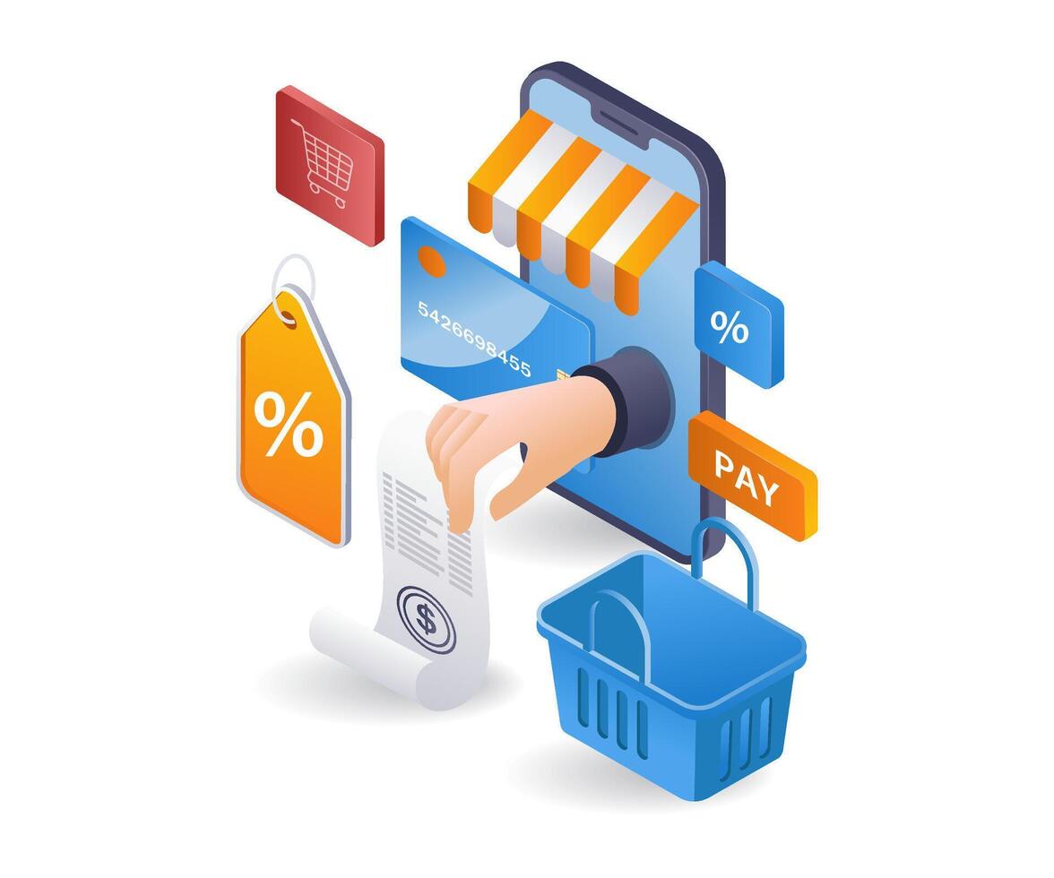 Einzelheiten von online Einkaufen im e Handel Markt Infografik eben isometrisch 3d Illustration vektor