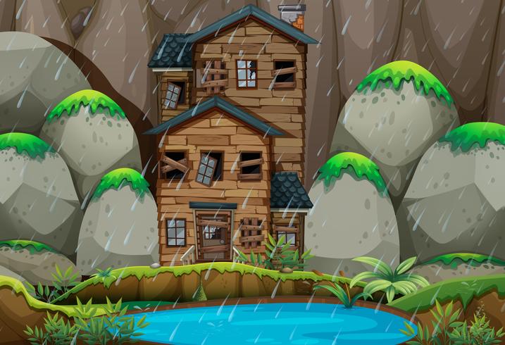 Ruiniertes Haus am Teich in der Regenzeit vektor