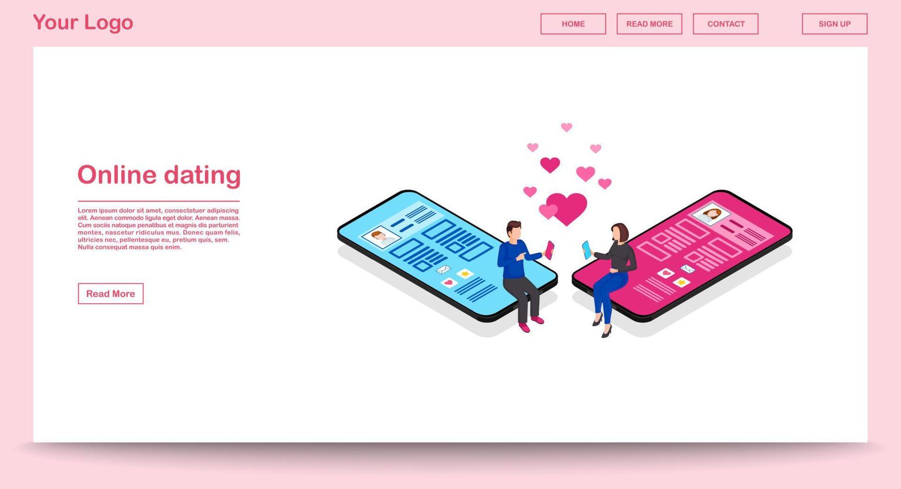 Online-Dating-Webseiten-Vektorvorlage mit isometrischer Illustration. Personen soziales Netzwerkprofil. verliebtes Pärchen. Messaging, Website-Schnittstelle mögen. Geselligkeit rosa Webseite, mobile App 3D-Konzept vektor