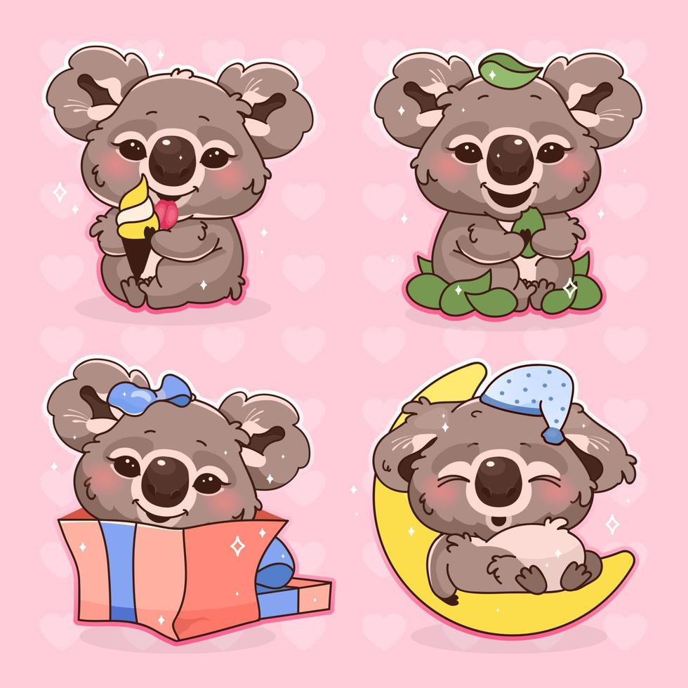 Süße Koala Kawaii Cartoon-Vektor-Zeichen gesetzt. entzückende und lustige Tiere schlafen, Eis essen isolierte Aufkleber, Patches Pack. Anime Baby Koala Bär Geburtstagsgeschenk auf rosa Hintergrund vektor