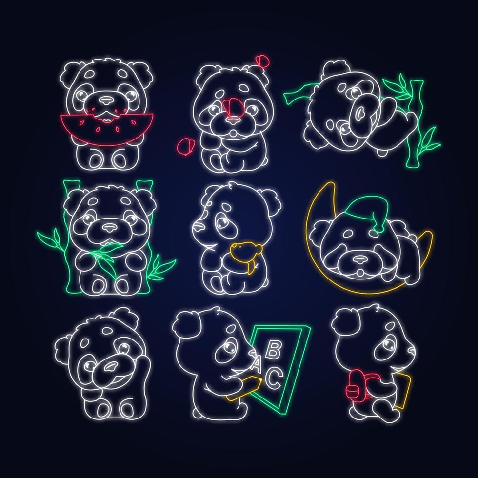 Niedlicher Panda Kawaii Neonlicht-Charaktere-Pack. Entzückendes und lustiges Tier, das Wassermelone isst, schläft, zurück zur Schule, isolierter Aufkleber, Patches gesetzt. Anime Baby Baby Bär Doodle Emojis Umrisssymbole vektor