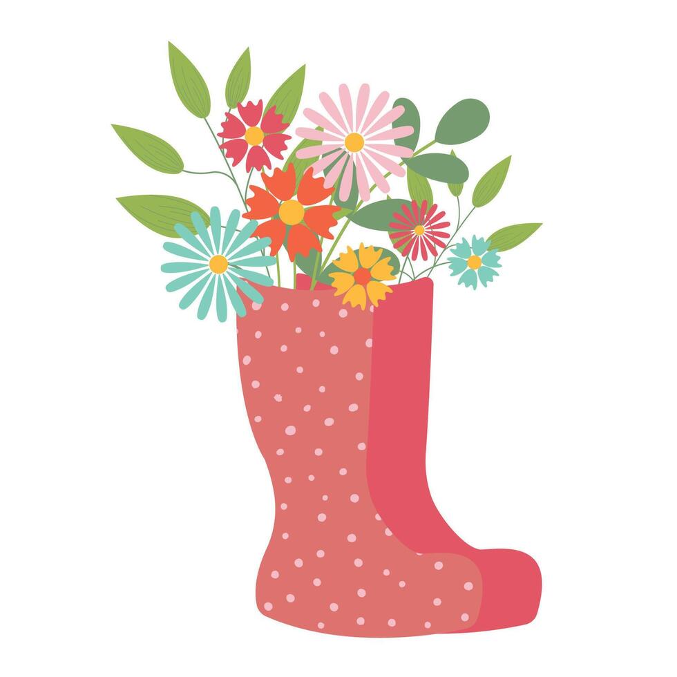 rot Gummi Stiefel mit Blumen. eben Stil. Hand gezeichnet Illustration isoliert auf Weiß Hintergrund. regnerisch, Frühling Jahreszeit. Karikatur Design zum Poster, Symbol, Karte, Logo, Etikette vektor