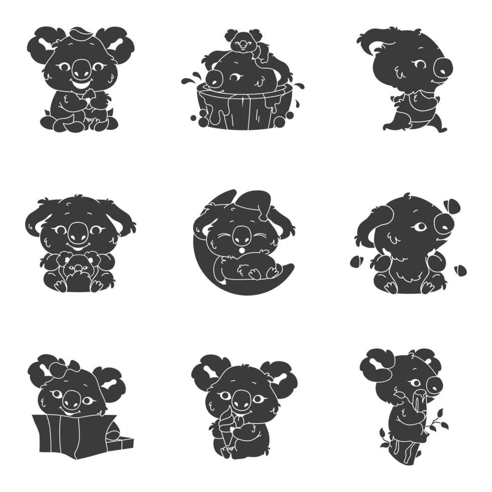 Niedliche Koala Kawaii Zeichen Glyphen Icons Set. entzückender und lustiger Tierlauf-, Bade-, Schlafaufkleber. Anime-Baby-Koala, der Eis isst, Eukalyptus-Emoji-Silhouette. isolierte Vektorgrafik vektor