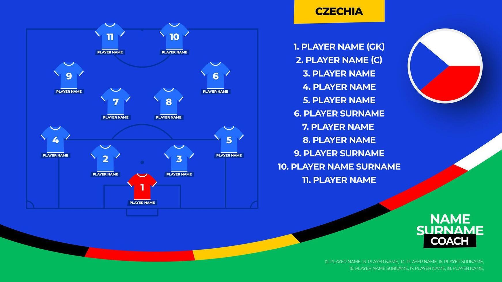 Tschechisch Republik Fußball Mannschaft beginnend Formation. 2024 Fußball Mannschaft ausrichten auf abgelegt Fußball Grafik zum Fußball beginnend ausrichten Kader. Illustration vektor