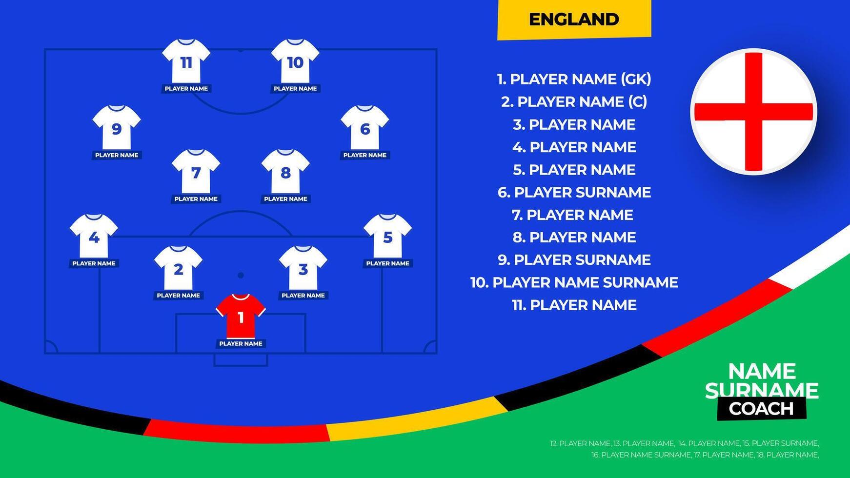 England fotboll team startande bildning. 2024 fotboll team rada upp på inlämnad fotboll grafisk för fotboll startande rada upp trupp. illustration vektor