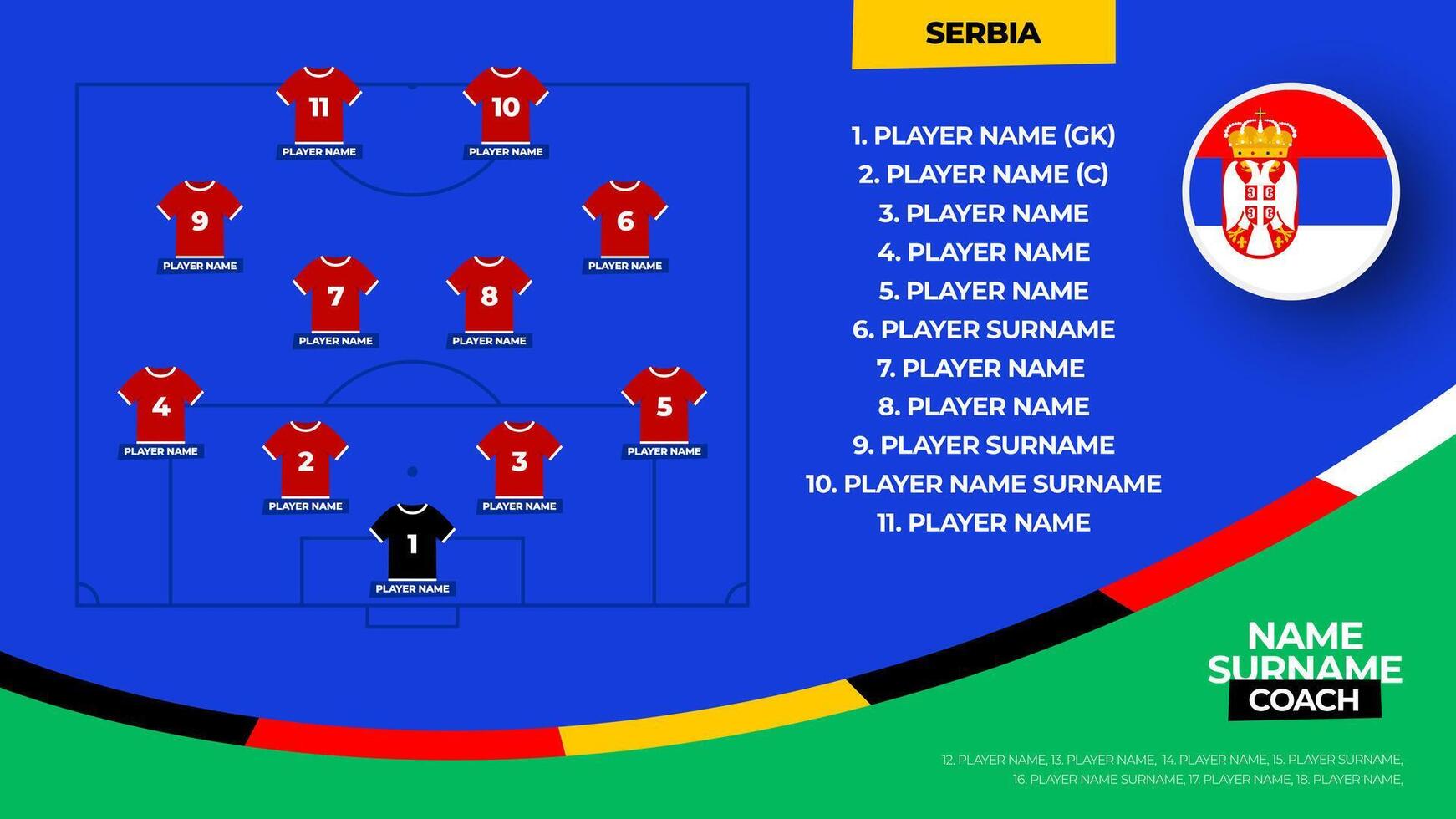 Serbien Fußball Mannschaft beginnend Formation. 2024 Fußball Mannschaft ausrichten auf abgelegt Fußball Grafik zum Fußball beginnend ausrichten Kader. Illustration vektor