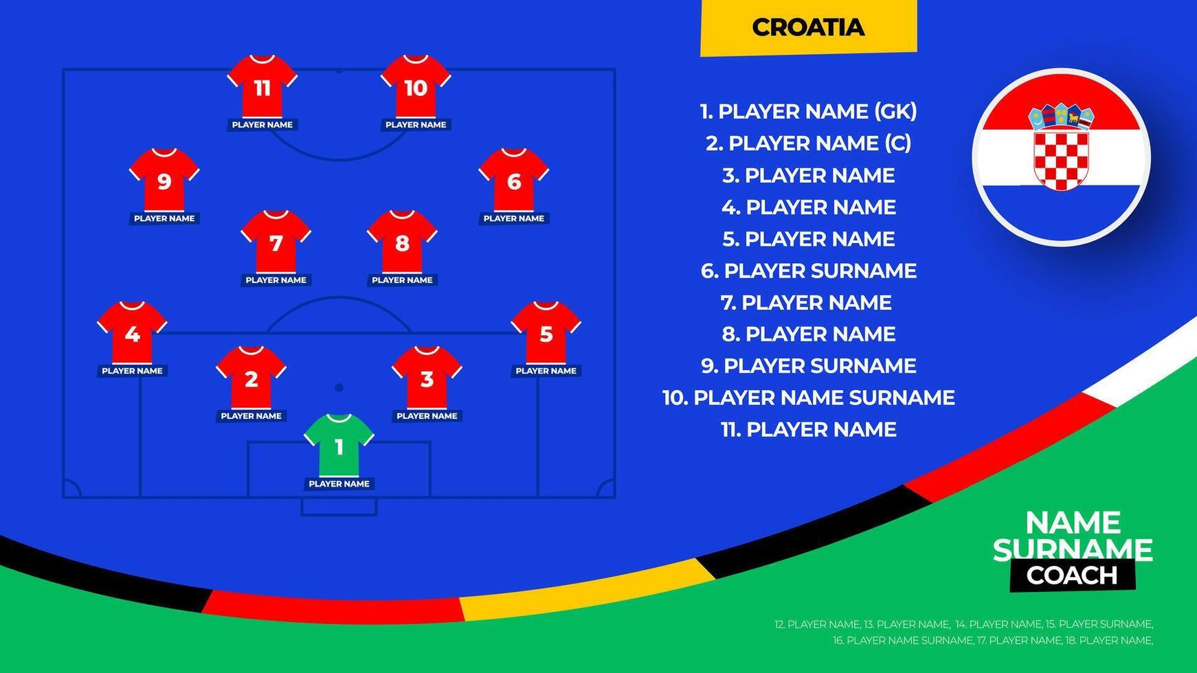 kroatien fotboll team startande bildning. 2024 fotboll team rada upp på inlämnad fotboll grafisk för fotboll startande rada upp trupp. illustration vektor