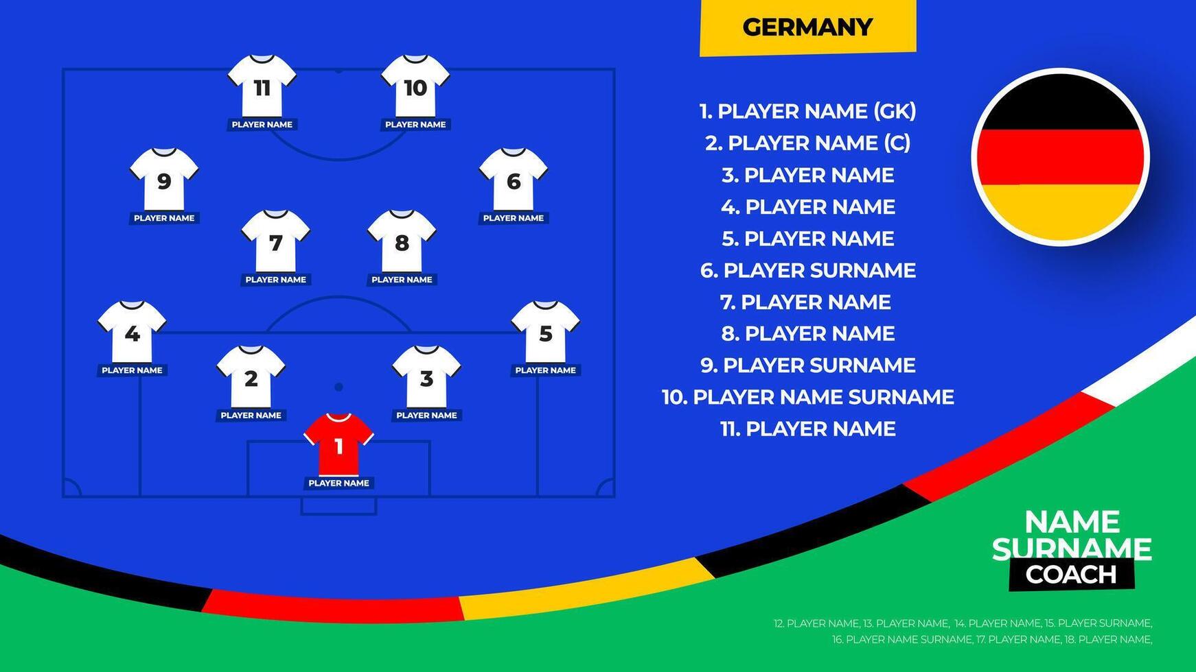 Deutschland Fußball Mannschaft beginnend Formation. 2024 Fußball Mannschaft ausrichten auf abgelegt Fußball Grafik zum Fußball beginnend ausrichten Kader. Illustration vektor
