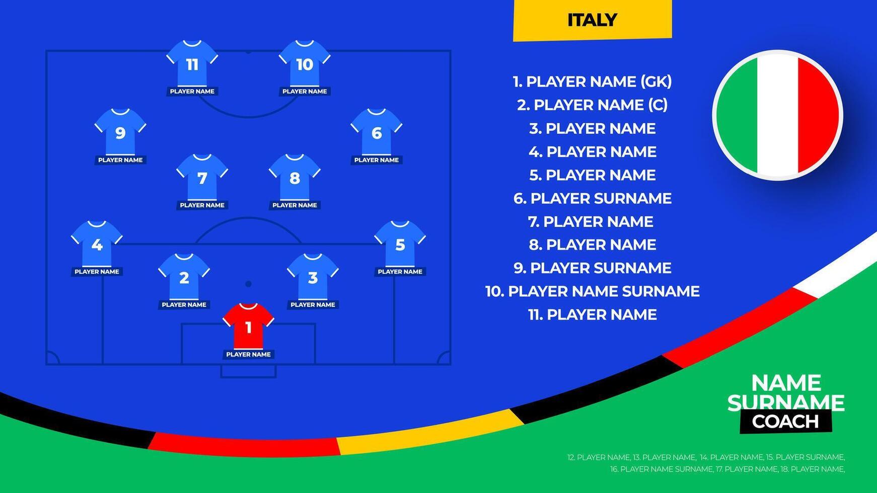 Italien fotboll team startande bildning. 2024 fotboll team rada upp på inlämnad fotboll grafisk för fotboll startande rada upp trupp. illustration vektor