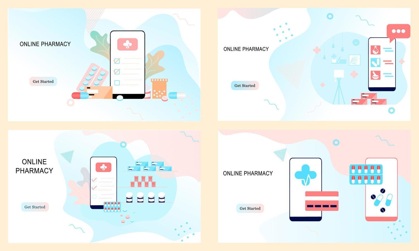 uppsättning målsidor för onlineapotek, hälsovård, apoteksappkoncept. vektor av receptbelagda läkemedel online, första hjälpen-kit och medicinska förnödenheter som säljs online via webb- eller smartphoneapplikation.