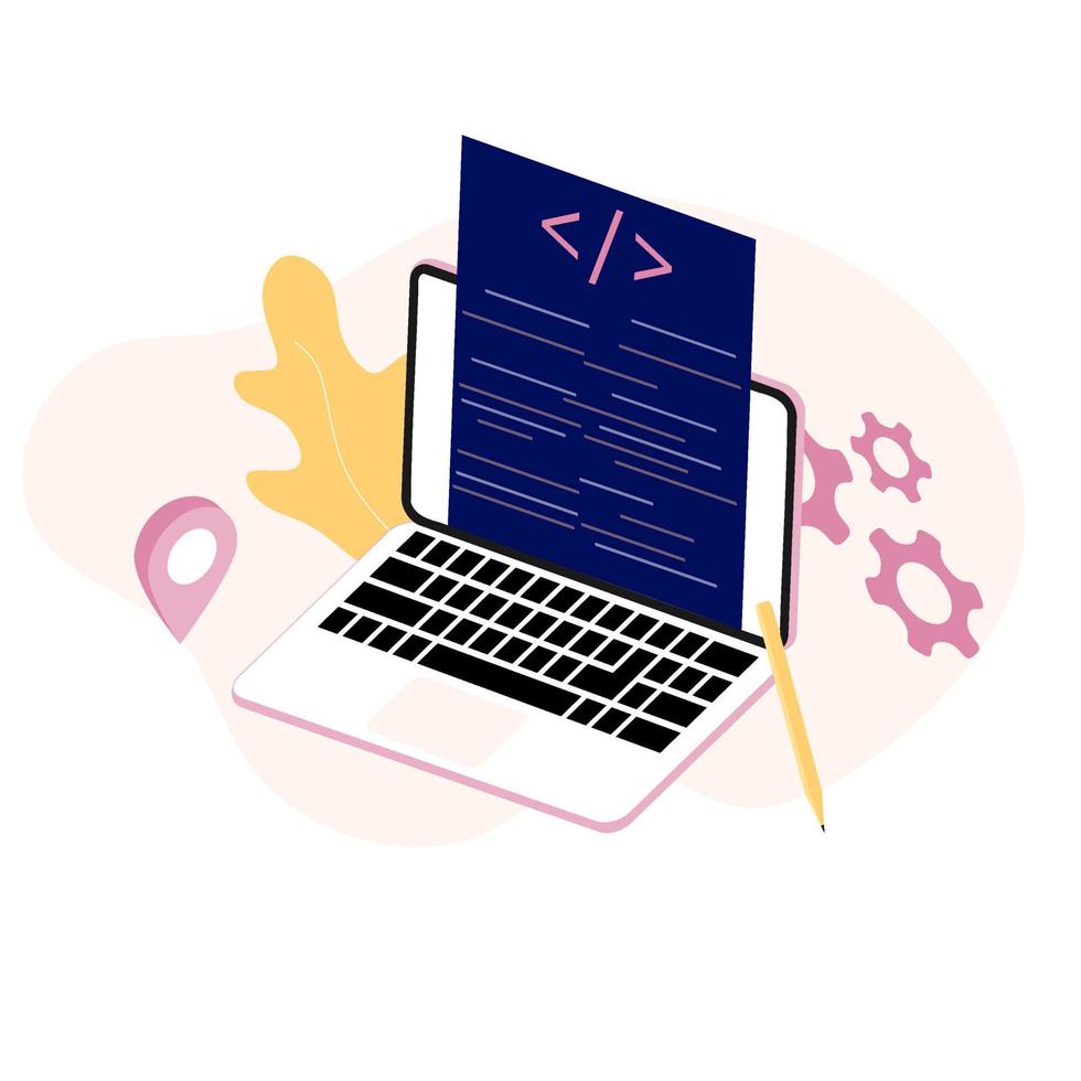 modern platt designkoncept för programvaruutvecklingskodningsprocess. utveckla, designa, programmera, testa plattformsoberoende kod, app, ui. skapa, redigera skript för webbplats och mobila enheter. vektor