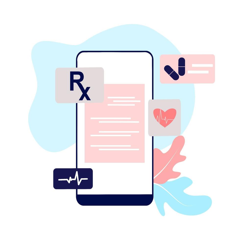 online medicinskt recept digitalt dokument eller online testresultatrapport på mobil datorskärm. begreppet apotek apotek, diagnos, sjukhus, sjukvård. platt vektorillustration. vektor