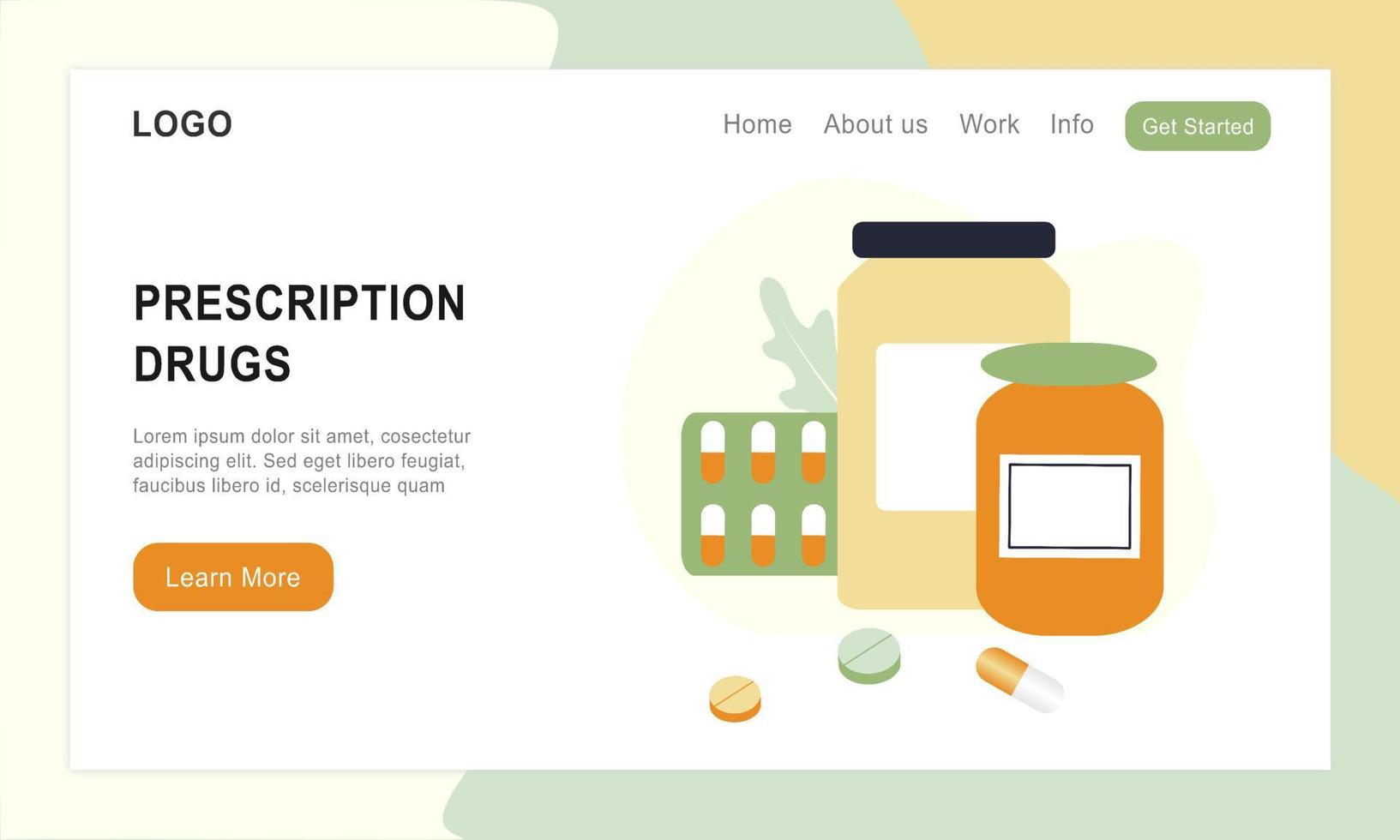 Landingpage mit verschreibungspflichtigen Medikamenten, ärztlichen Rezepten, Erste-Hilfe-Sets und medizinischen Bedarfsartikeln. Konzept der Apotheke, Drogerie, Diagnose, Klinik, Krankenhaus, Gesundheitswesen. einfache flache vektorillustration. vektor