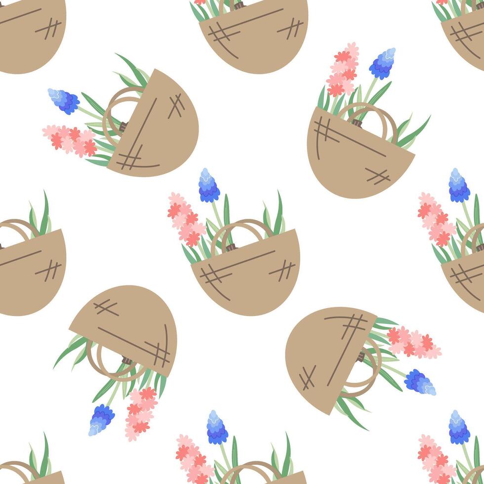 hyacint och lavendel- blommor i duk väska. platt sömlös mönster. illustration av trädgård element. vektor