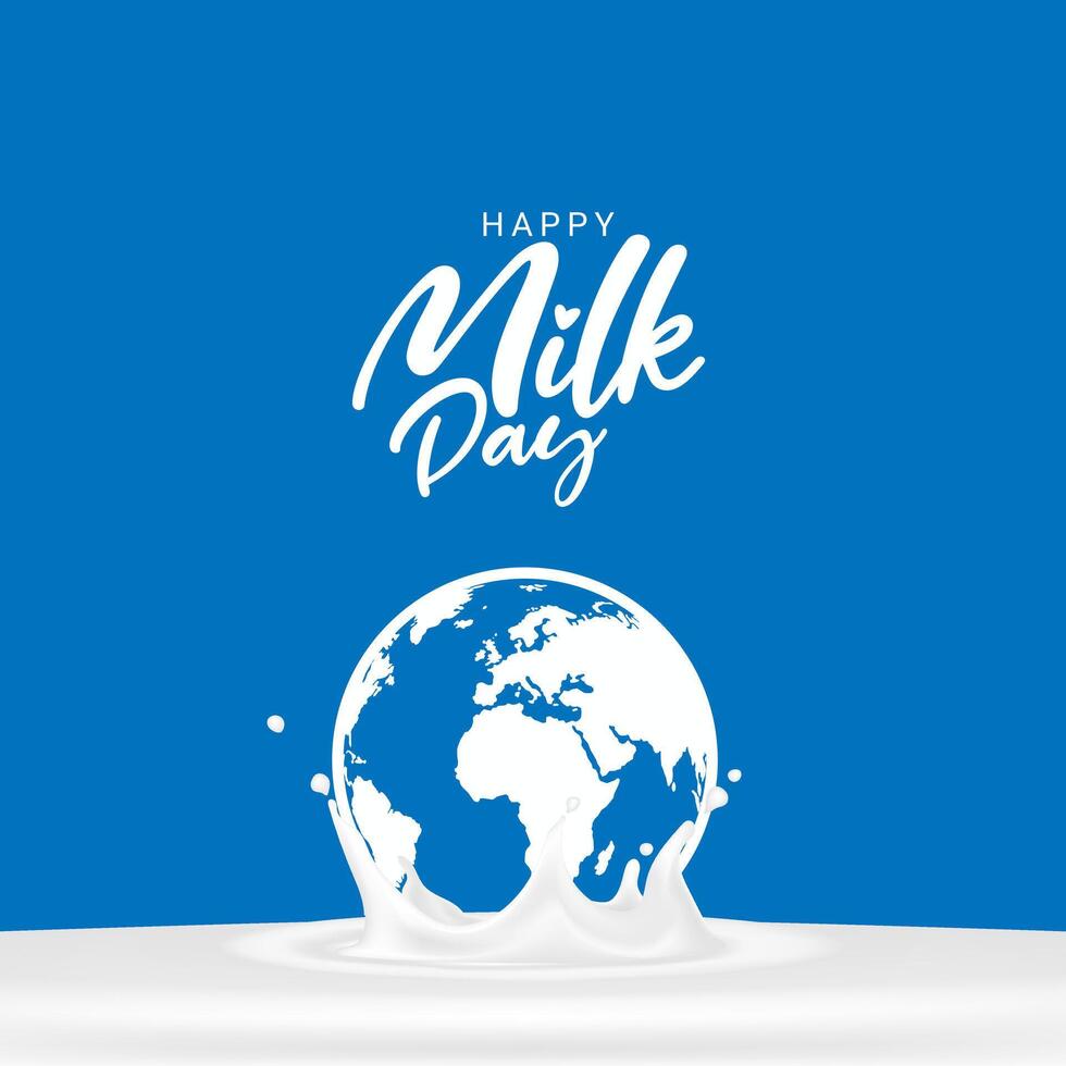 glücklich Milch Tag Design kreativ Konzept einzigartig Idee mit Milch Spritzen und ein nett Logo Name auf isoliert Blau, editierbar Milch Hintergrund, Welt Milch Tag Konzept. Produkt von Molkerei vektor