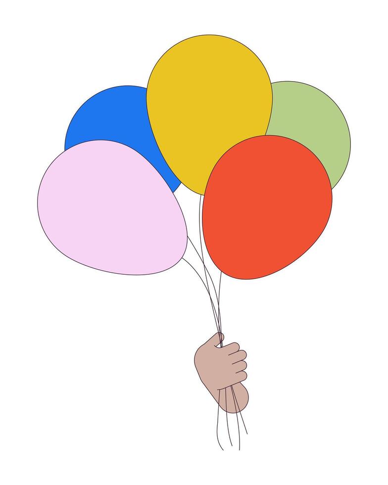 Luft Luftballons Bündel halten linear Karikatur Charakter Hand Illustration. Kinder Urlaub Dekor Gliederung 2d Bild, Weiß Hintergrund. festlich Stimmung Schaffung editierbar eben Farbe Clip Art vektor