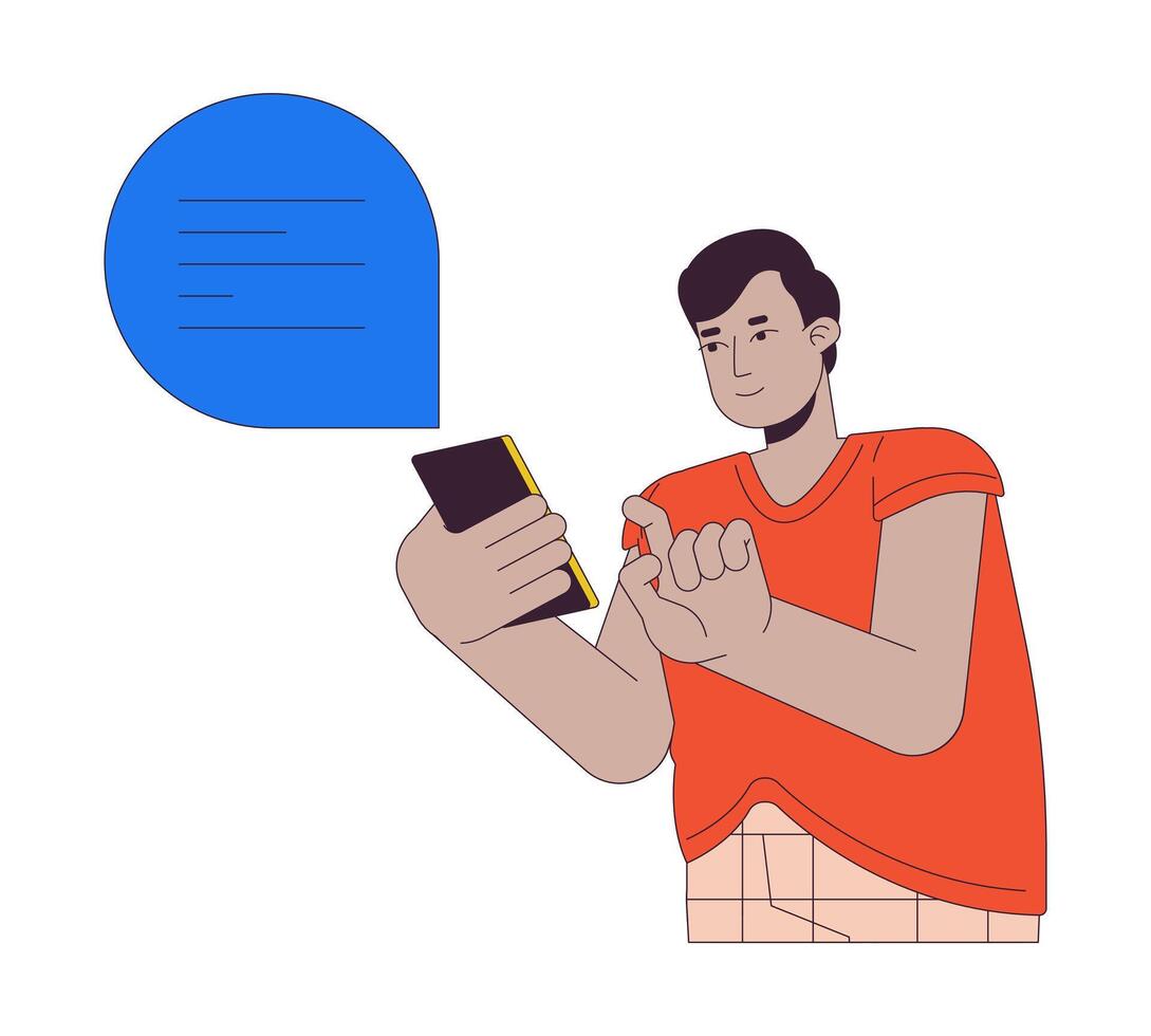 Plus Größe Hindu Mann SMS 2d linear Karikatur Charakter. fettleibig männlich mit Plaudern auf Smartphone isoliert Linie Person Weiß Hintergrund. gesund Körper positiv Farbe eben Stelle Illustration vektor
