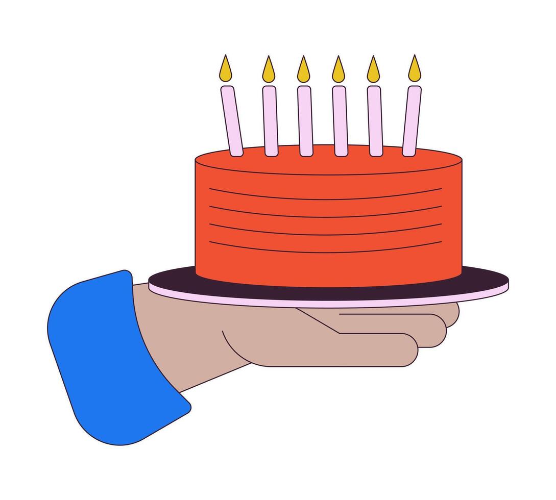 Geburtstag Kuchen mit Verbrennung Kerzen zeigen linear Karikatur Charakter Hand Illustration. festlich Dessert Gliederung 2d Bild, Weiß Hintergrund. Urlaub Süßwaren editierbar eben Farbe Clip Art vektor