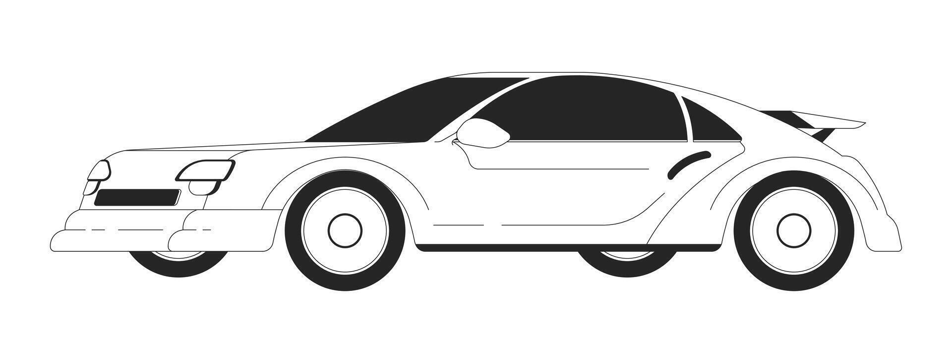modern tävlings bil modell svart och vit 2d linje tecknad serie objekt. snabb sporter fordon för tävlingar isolerat översikt Artikel. körning bil på hög hastighet enfärgad platt fläck illustration vektor