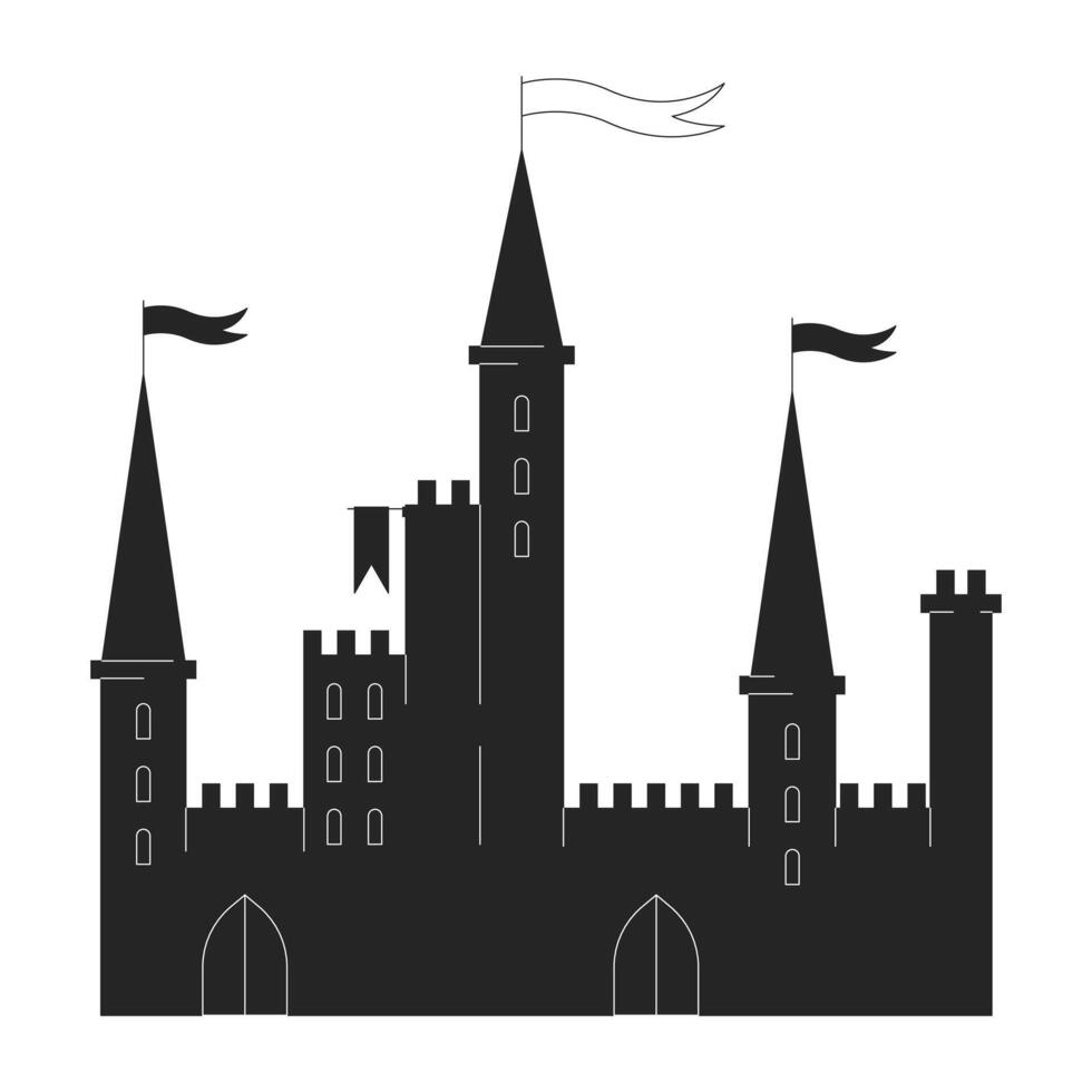 medeltida slott med vinka flaggor svart och vit 2d linje tecknad serie objekt. gammal fästning från fe- berättelse isolerat översikt Artikel. arkitektonisk monument enfärgad platt fläck illustration vektor