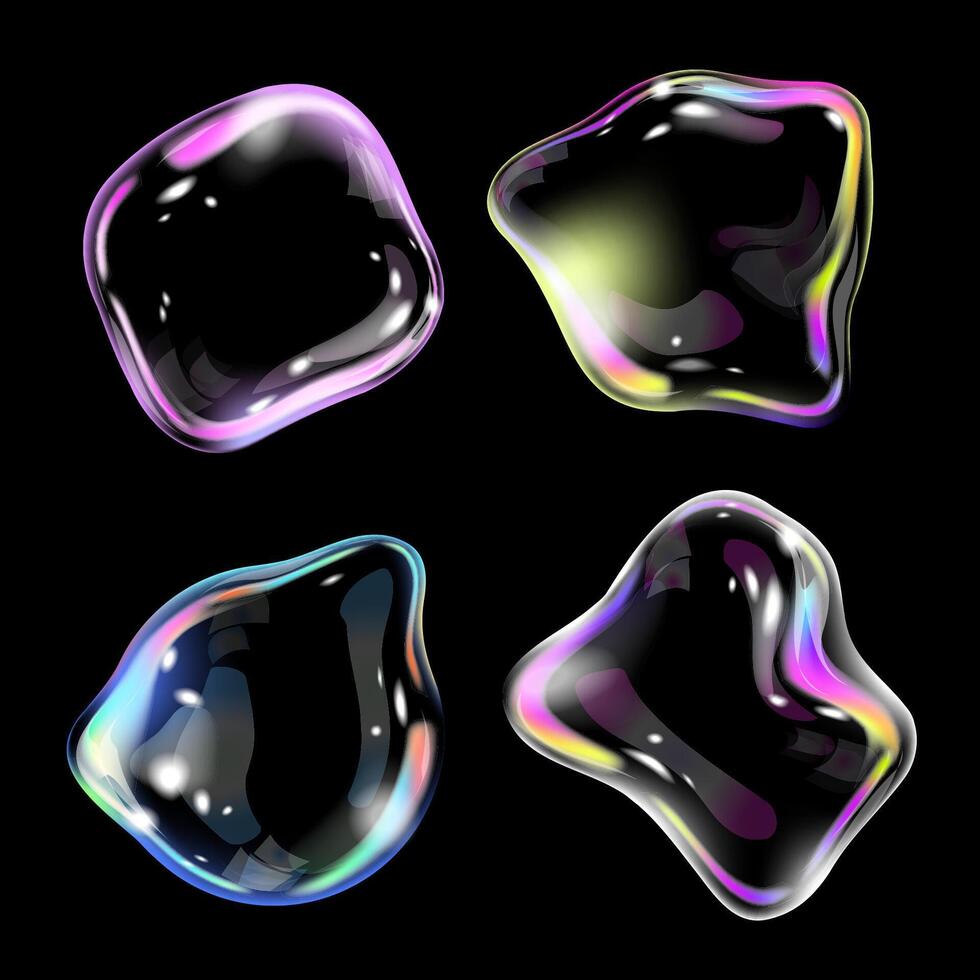 realistisk transparent tvål bubblor med shinyr ainbow reflexion uppsättning. 3d bubblor av annorlunda former isolerat på svart bakgrund.trendig transparent design element vektor
