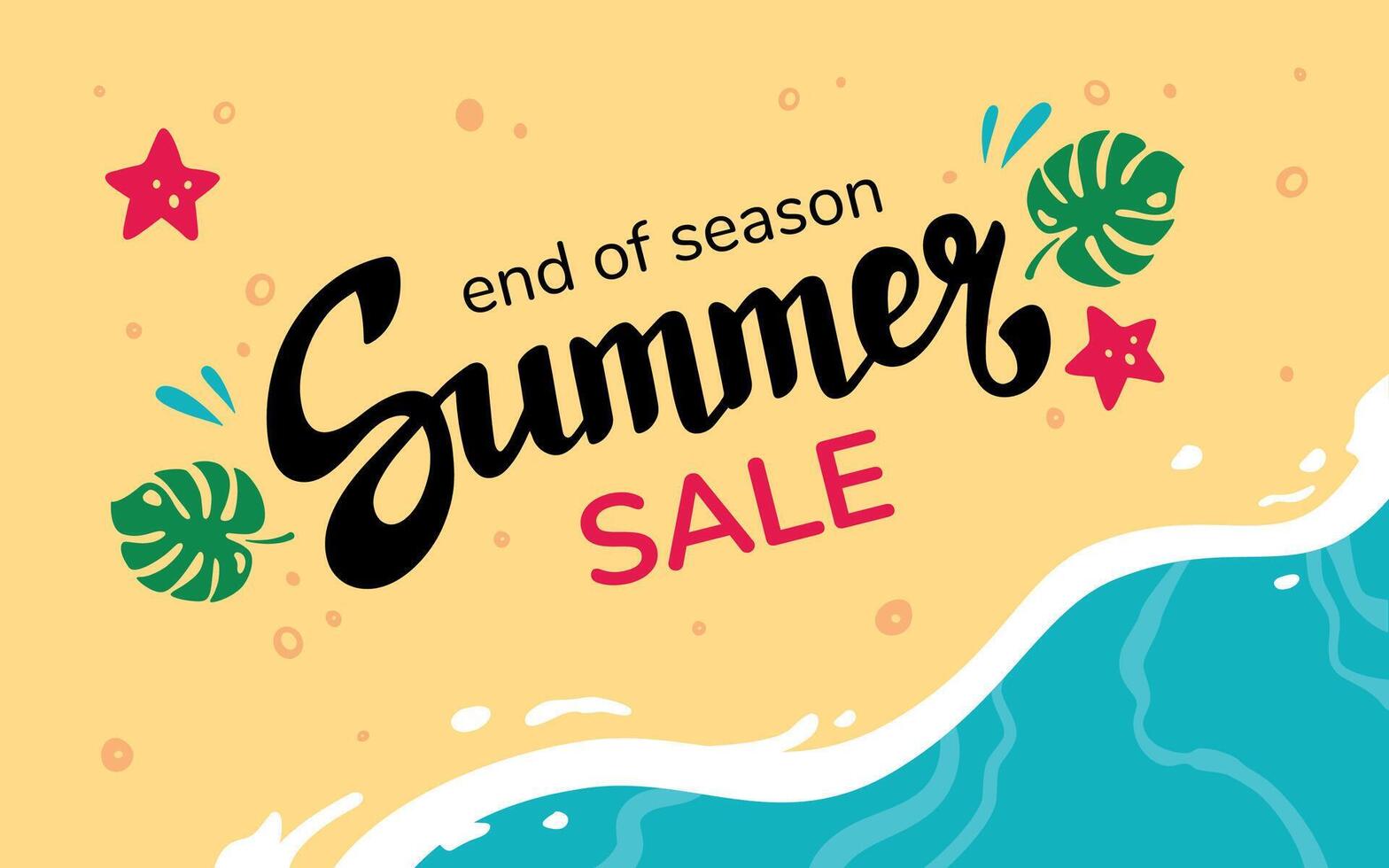 Sommer- Ende Gutschein Beschriftung. Sommer- Der Umsatz Coupon Design Vorlage. Rabatt Illustration mit Monstera Blätter. sandig Strand mit Meer Wellen. Sommer- Banner, Strand Hintergrund. Ferien Konzept vektor