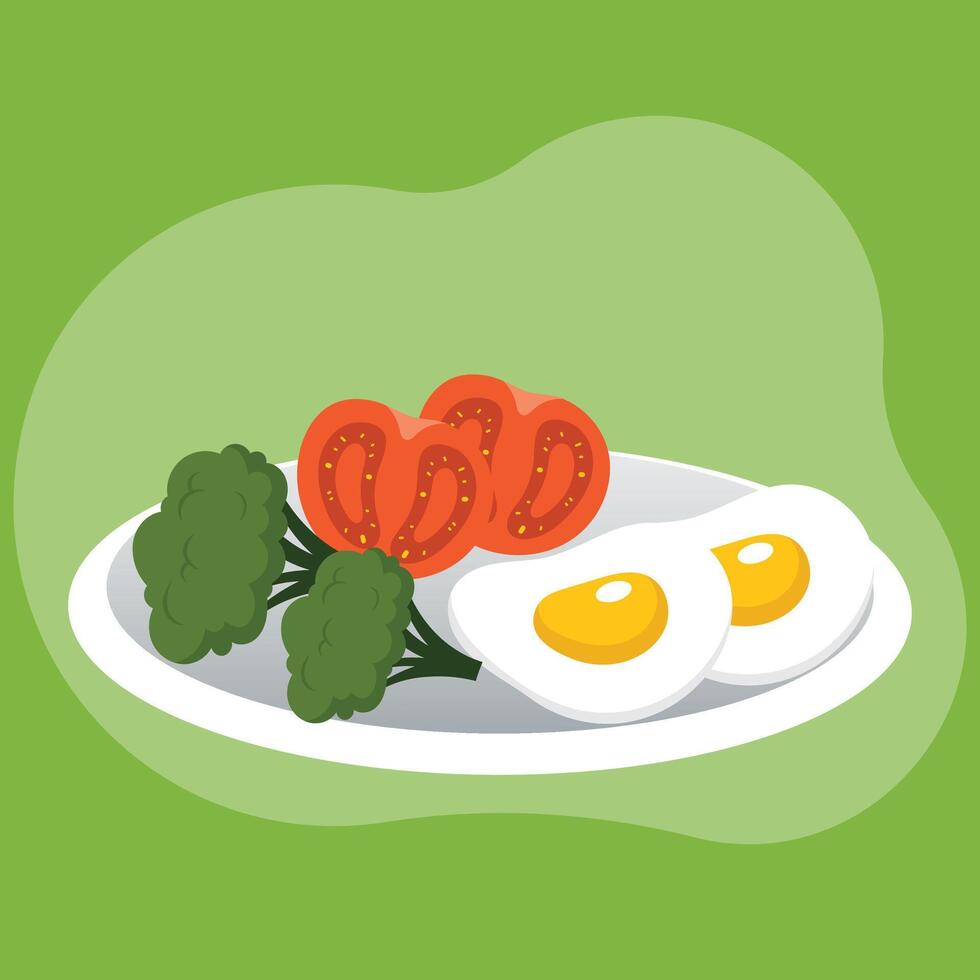 Weiß Eier, rot Schnitt Tomate und Grün Brokkoli mit Grün Hintergrund vektor